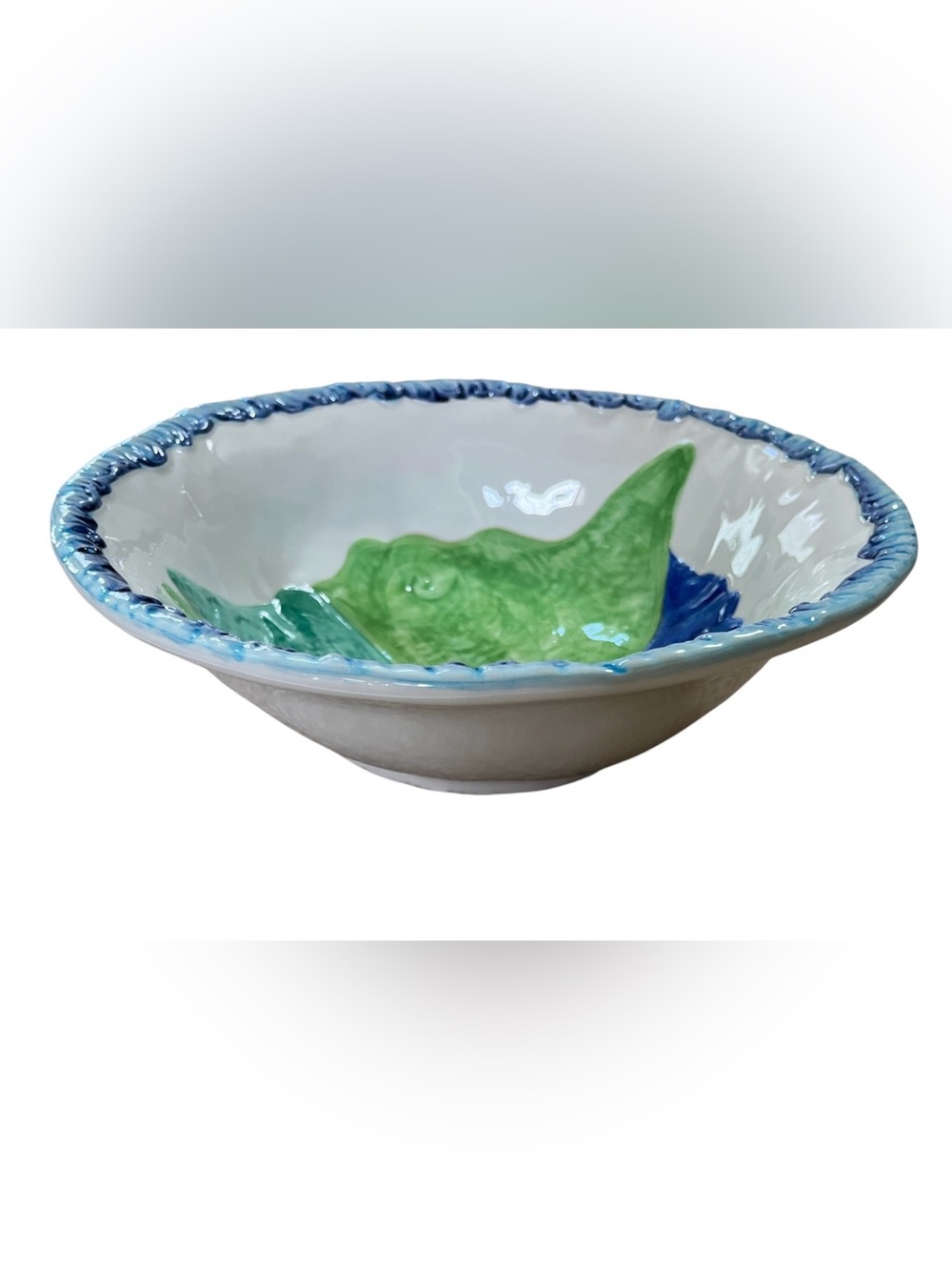 Hand Painted Italian Vietri White Ceramic Bowl w/Conch Shell Design Blue Green